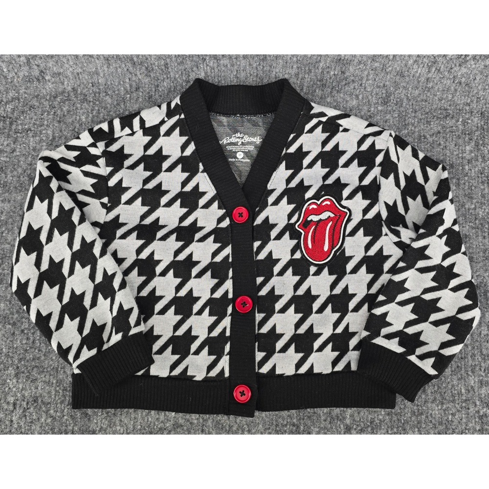 The Rolling Stones Cardigan Girls 3T Black Gray Houndstooth Logo 70s Retro Rock